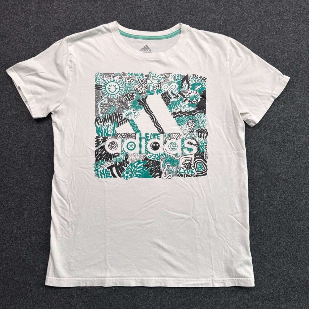 Adidas White and Green Graphic Boys XL 14/16 Tee